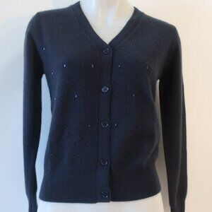 NWT Womens Estheme Navy Pure Cashmere V-Neck Rhinestone Cardigan Sweater XS